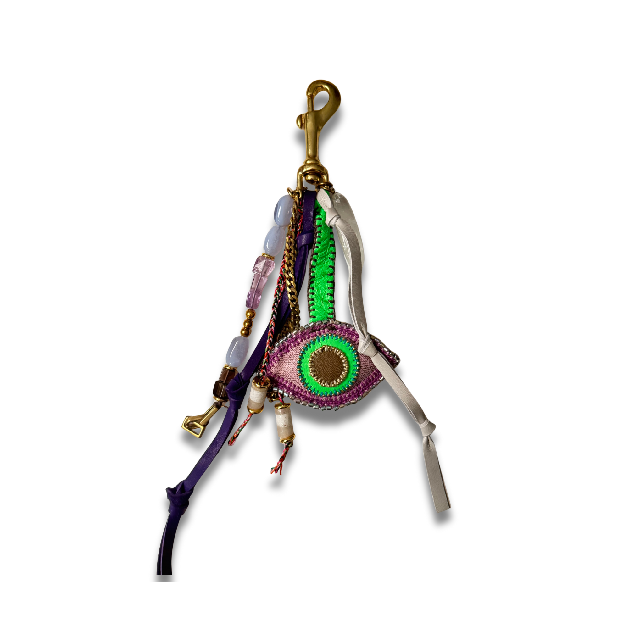 Bag Charm #6 – Italian Leather with Quartz, Amethyst & African Beads