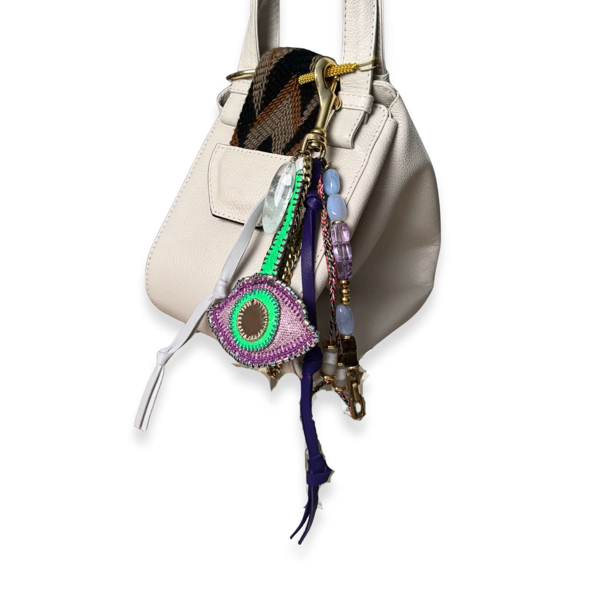 Bag Charm #6 – Italian Leather with Quartz, Amethyst & African Beads