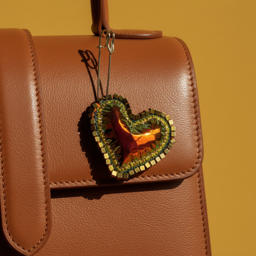 Heart Pin — Hematite Leather & Citrine Quartz 7 variants Handmade by Lorena Medinilla