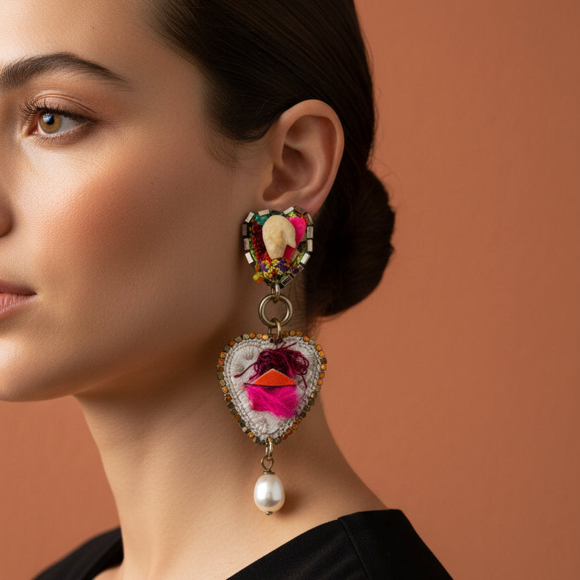 The Wild Heart Earrings — Shell, Neon Leather, Feather & Pearl Drop