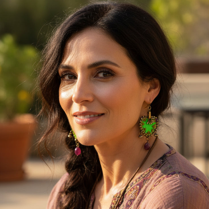 Pair of earrings with green leaf-like stones and purple beads on a textured gray background