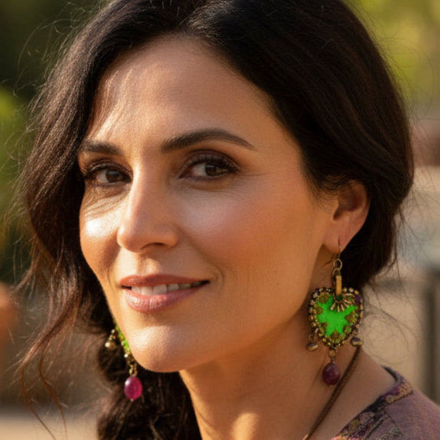 Pair of earrings with green leaf-like stones and purple beads on a textured gray background