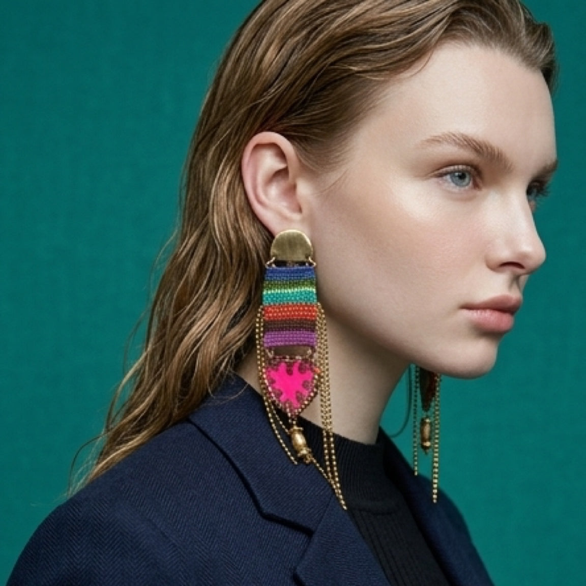 Woman wearing colorful earrings against a teal background