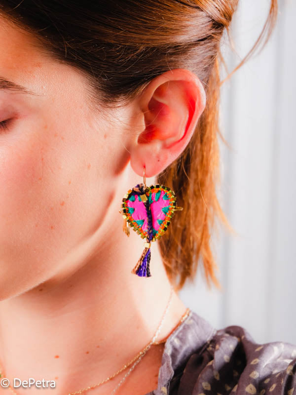 Symbiotic Radiance: Heart Earrings with Neon Opal and Hand Motif