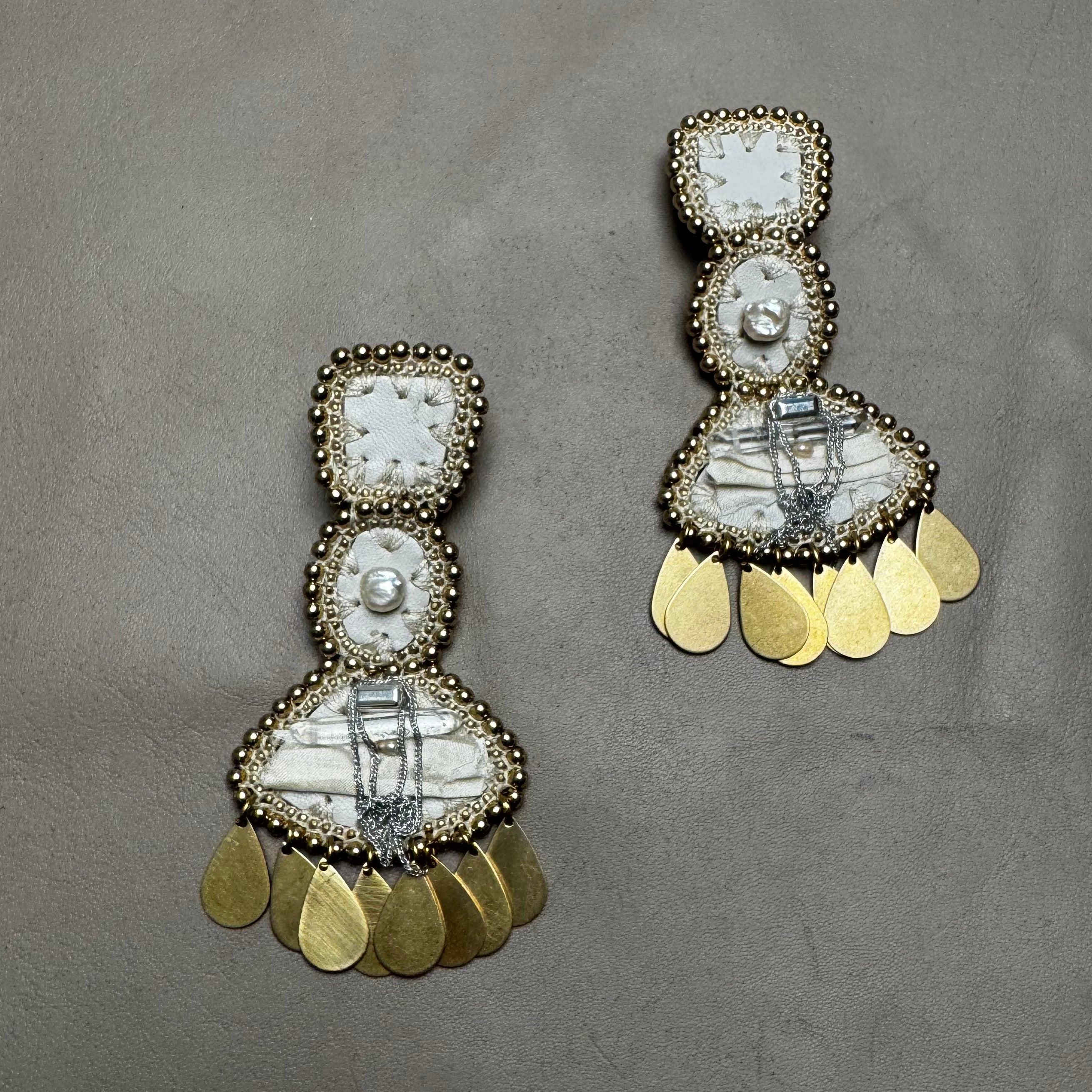 The White Sovereign Earrings — Pearl, Crystal & Brass Teardrops