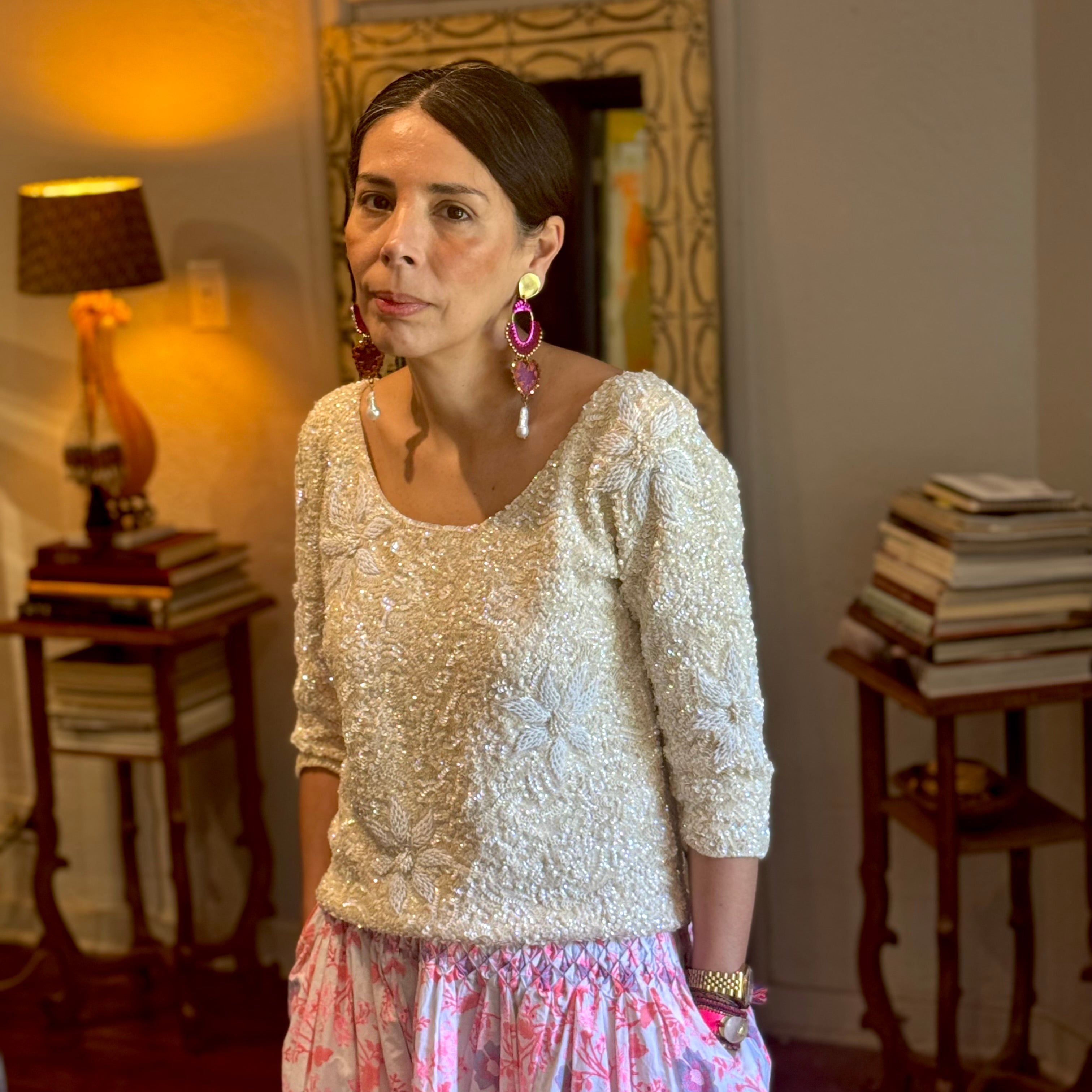 The Magenta Arch Earrings — Leather, Crochet & Baroque Pearl