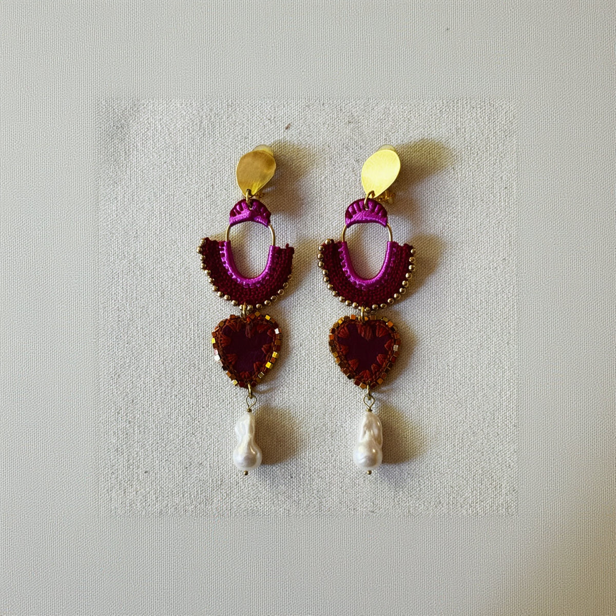 The Magenta Arch Earrings — Leather, Crochet & Baroque Pearl