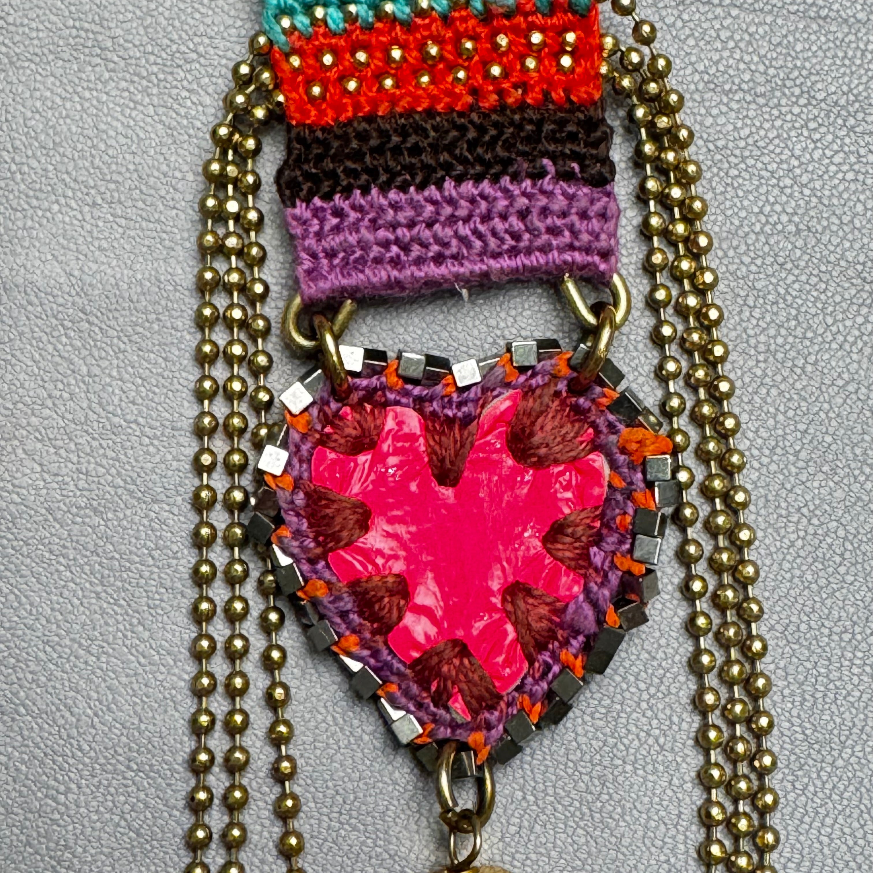 The Rainbow Cascade Earrings — Striped Crochet, Fuchsia Heart & Brass Chains