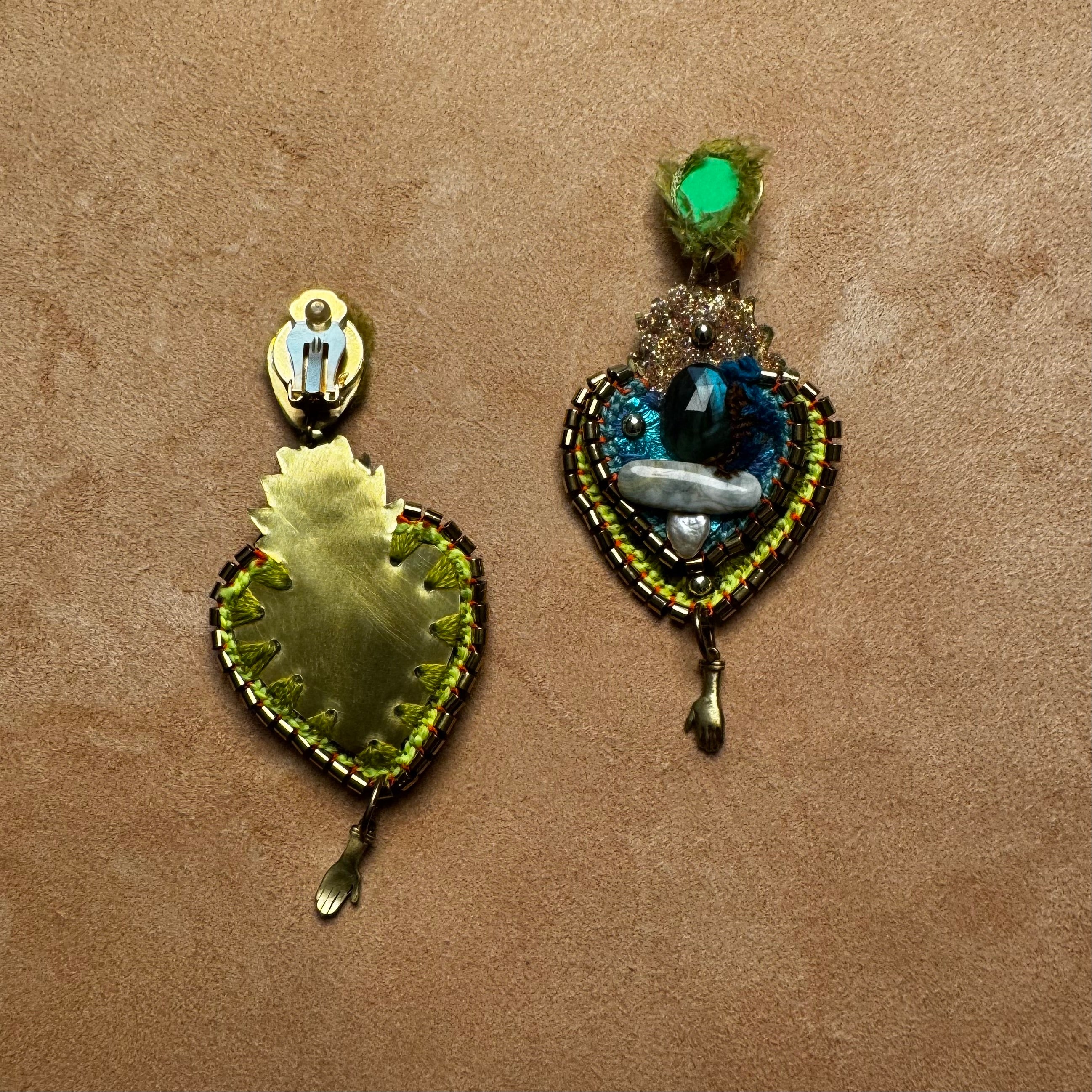 The Sacred Flame Earrings — Labradorite, Ocean Jasper, Pearl & Neon Leather