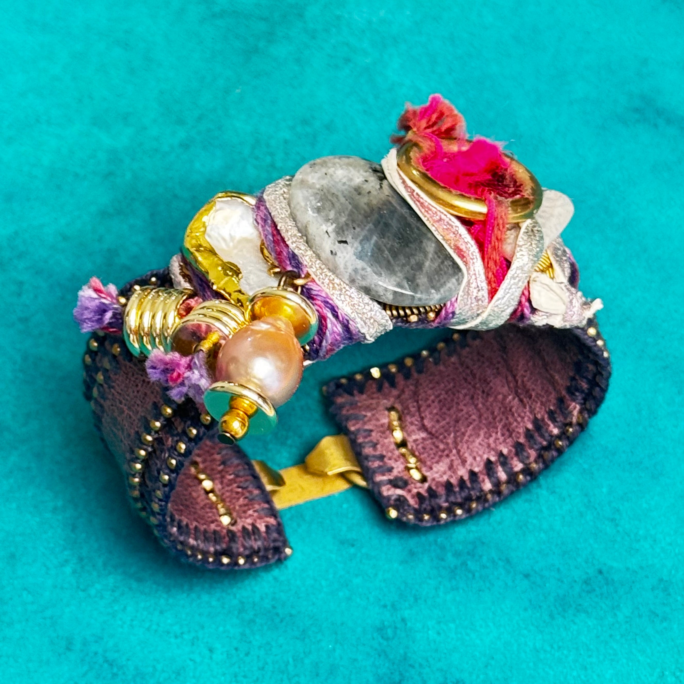 De Petra One-of-a-Kind Artisan Cuff Bracelet — Labradorite, Pearl & Gold