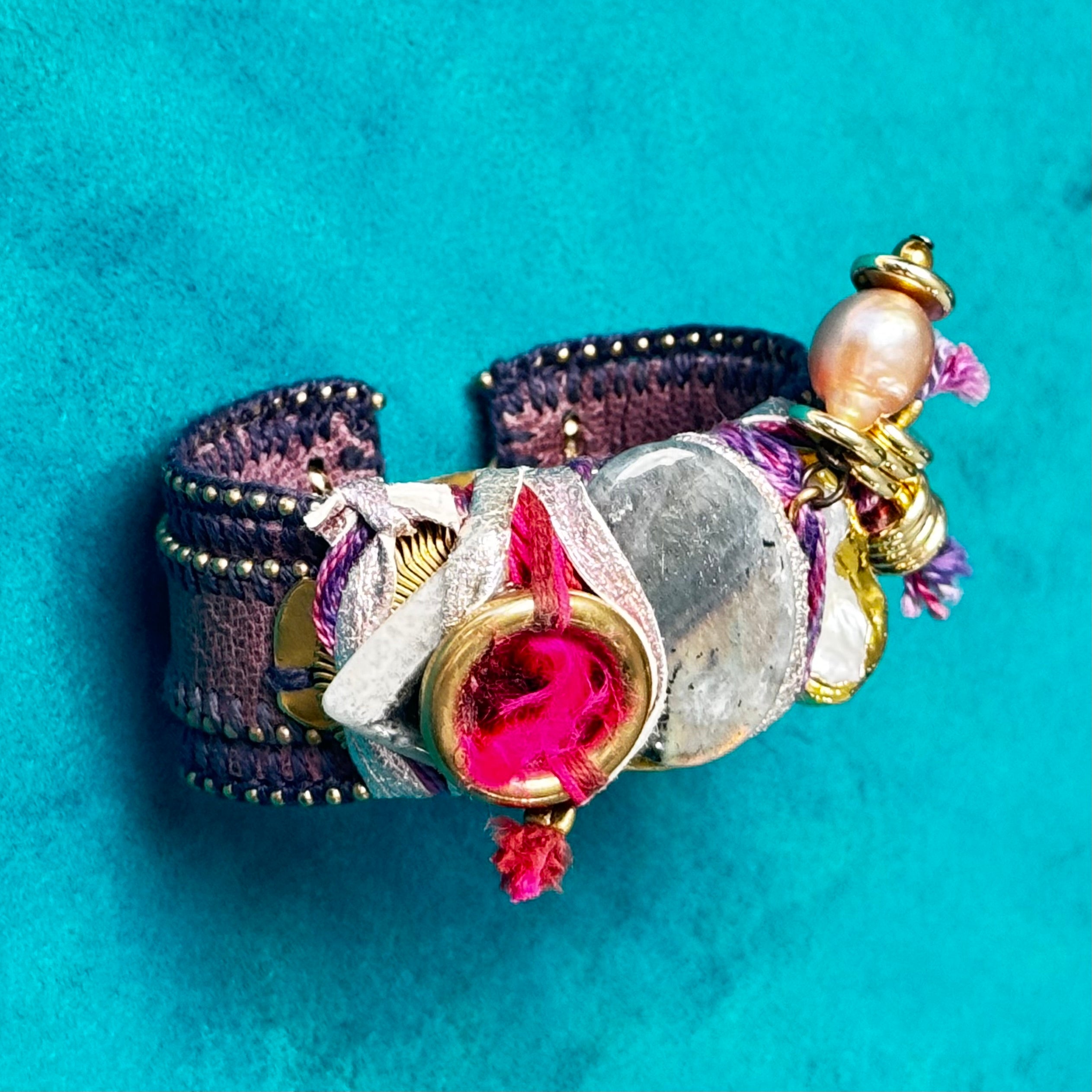 De Petra One-of-a-Kind Artisan Cuff Bracelet — Labradorite, Pearl & Gold