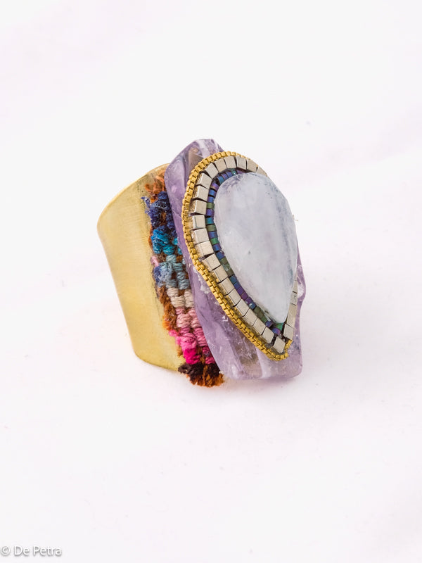 My Celestial Trio: Handcrafted Brass Ring with Moonstone, Hematite, and Amethyst
