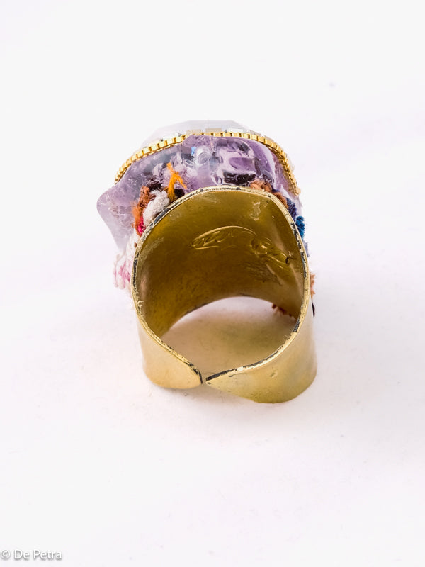 My Celestial Trio: Handcrafted Brass Ring with Moonstone, Hematite, and Amethyst