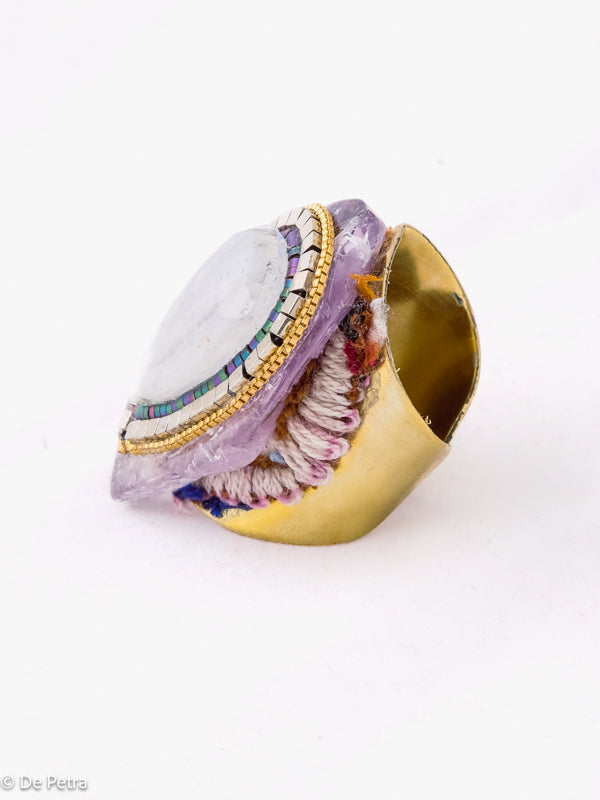 My Celestial Trio: Handcrafted Brass Ring with Moonstone, Hematite, and Amethyst