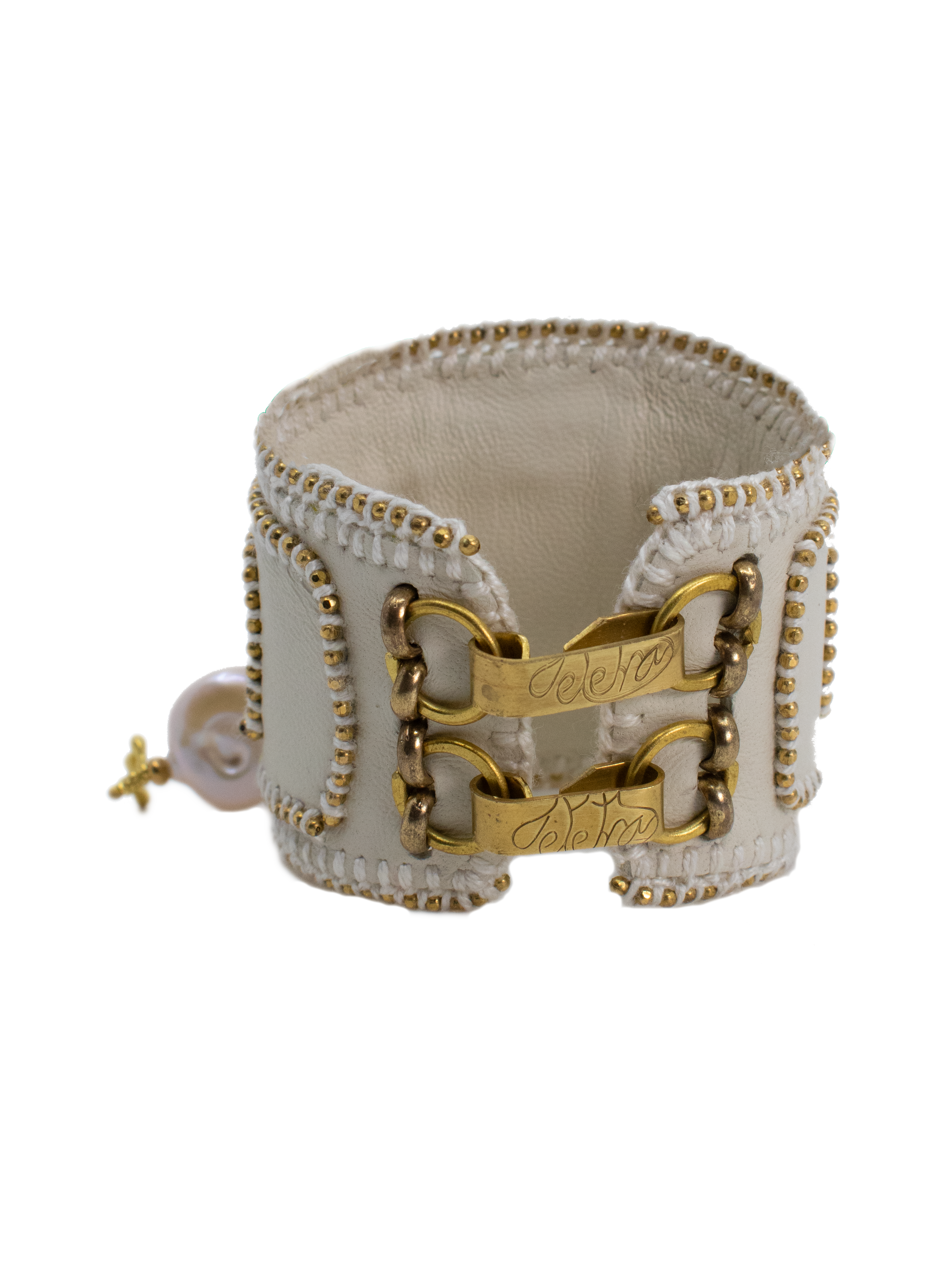 White Leather Bracelet with Cameo