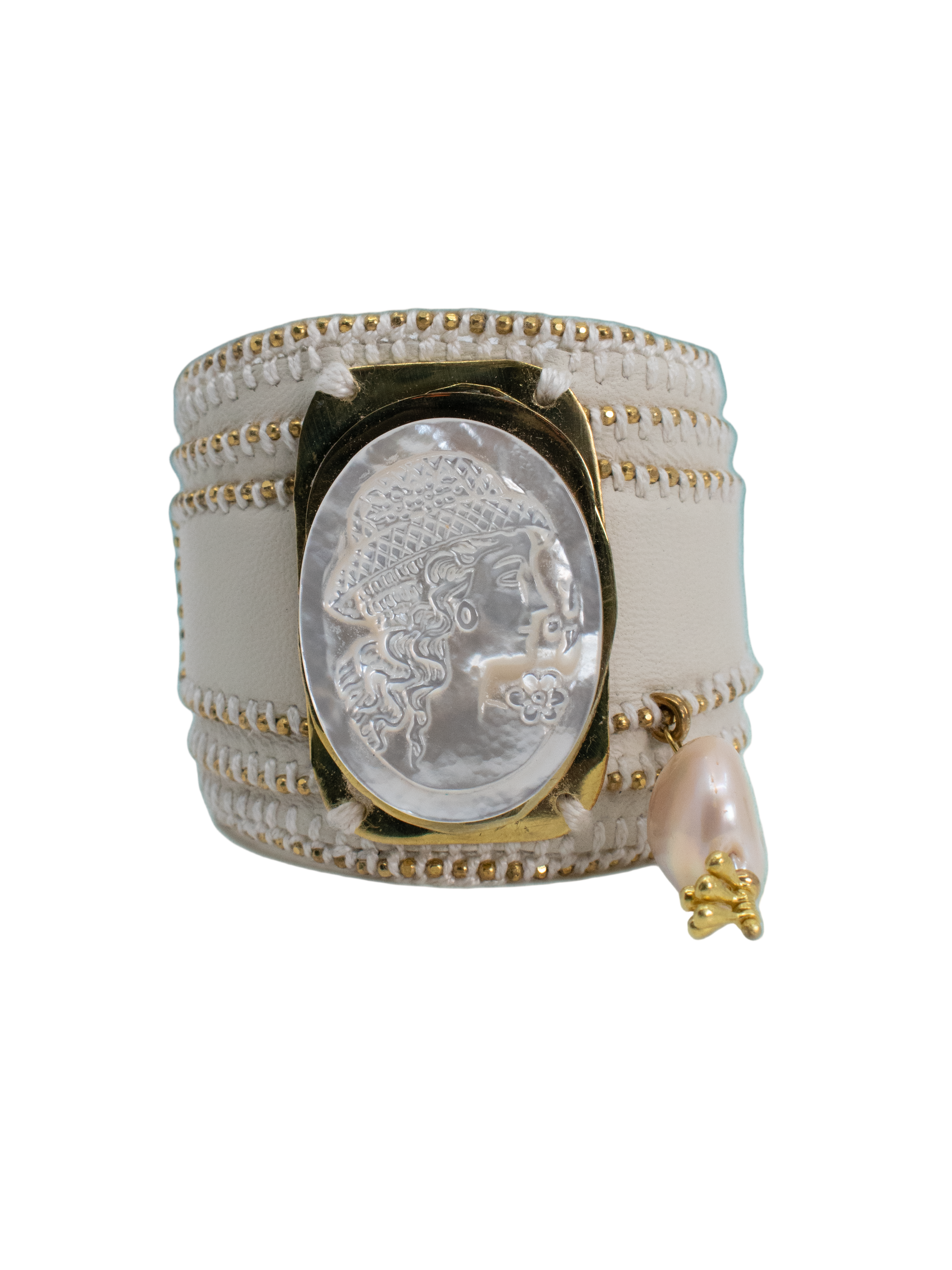 White Leather Bracelet with Cameo