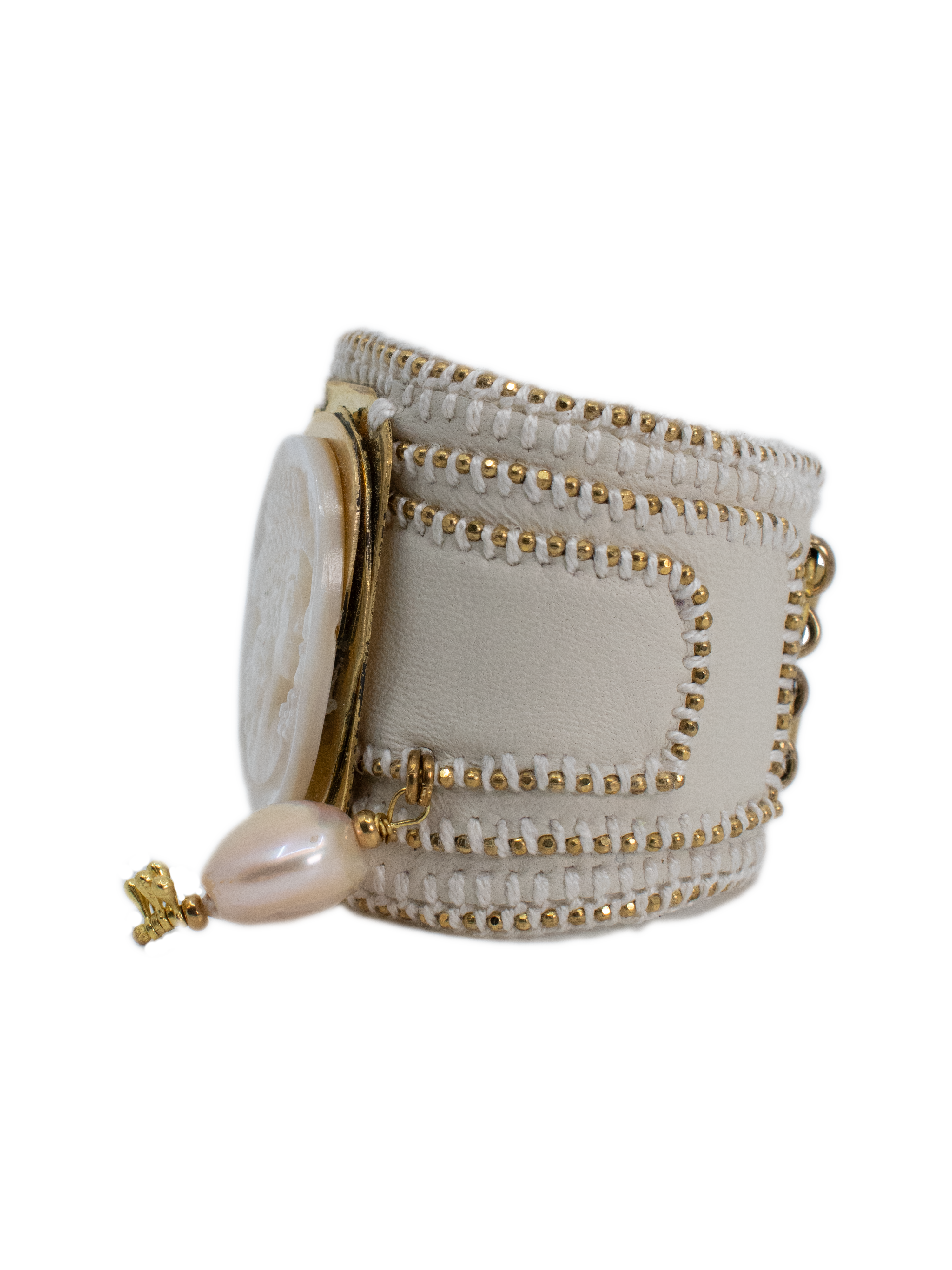 White Leather Bracelet with Cameo