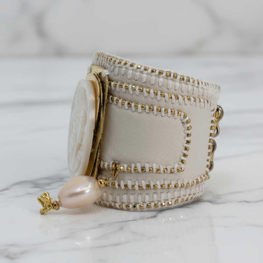 White Leather Bracelet with Cameo