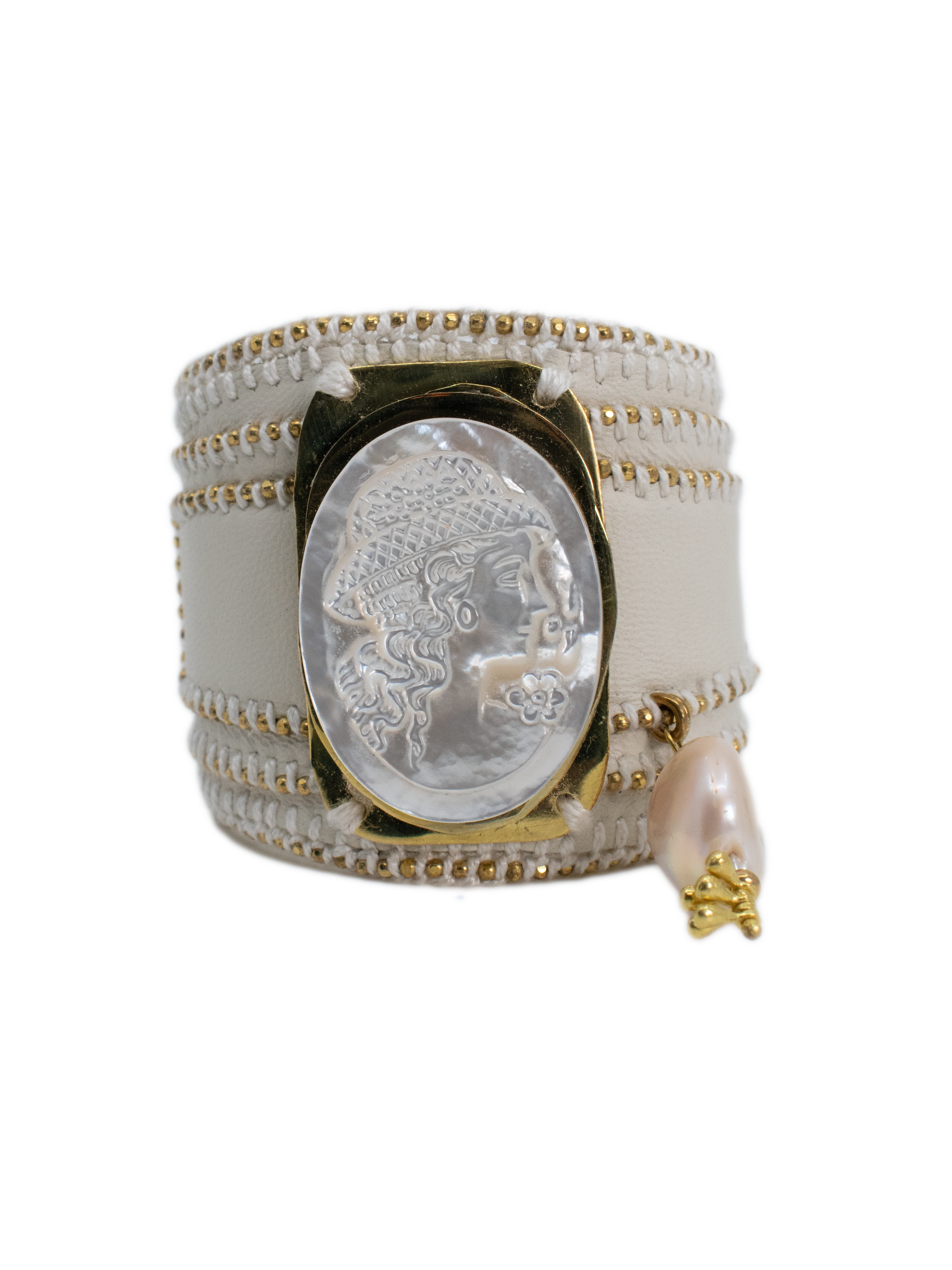 White Leather Bracelet with Cameo
