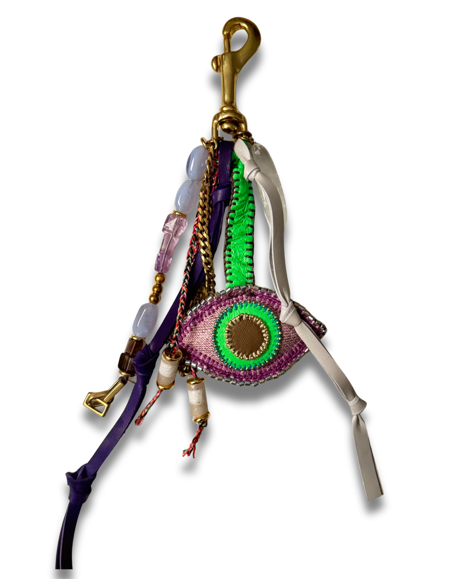 Bag Charm #6 – Italian Leather with Quartz, Amethyst & African Beads