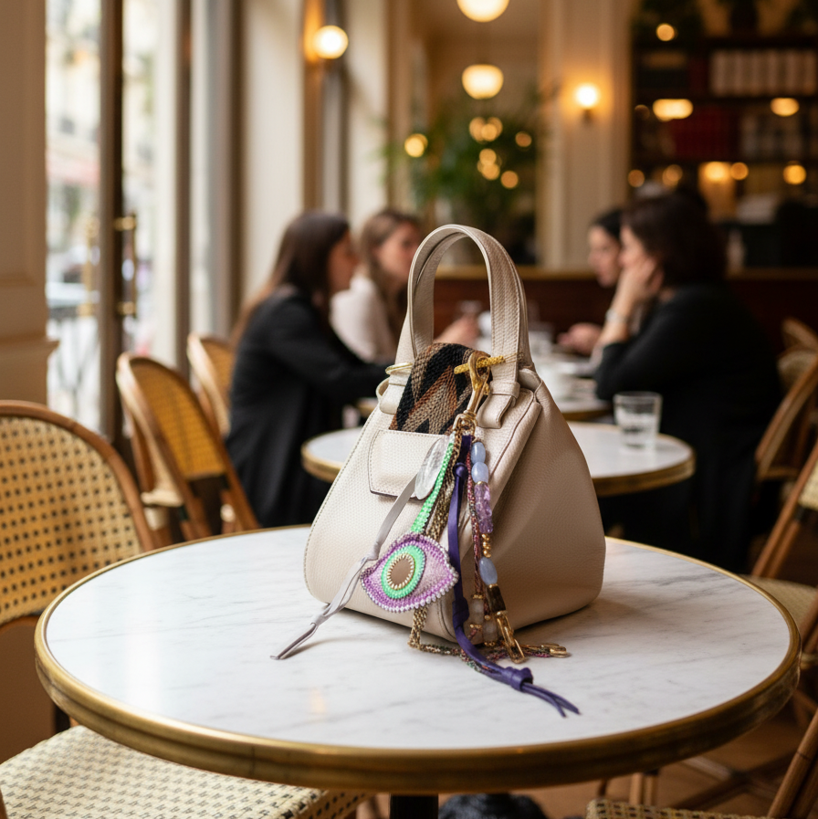 Bag Charm #6 – Italian Leather with Quartz, Amethyst & African Beads