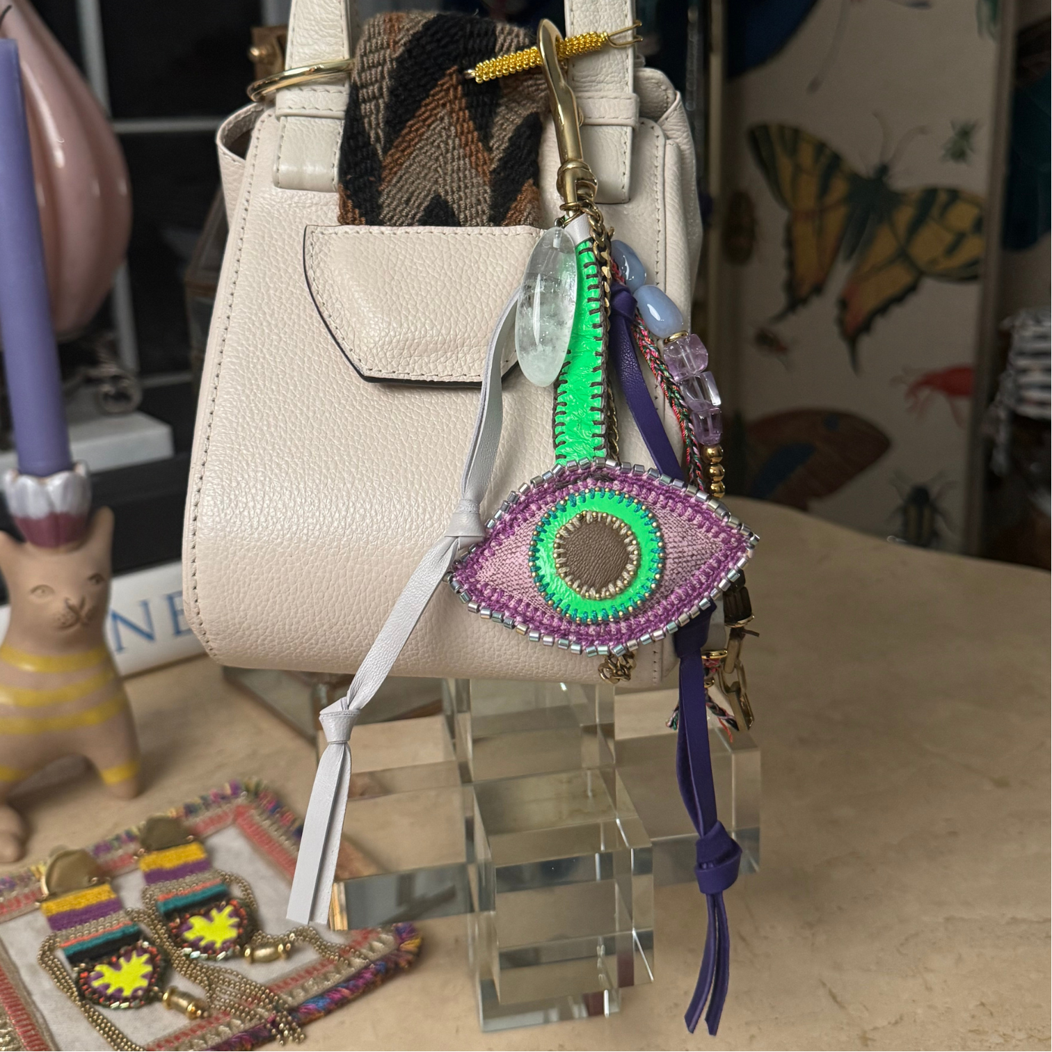 Bag Charm #6 – Italian Leather with Quartz, Amethyst & African Beads