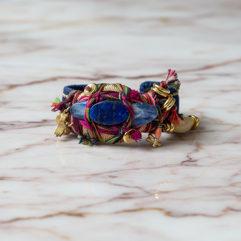 Artéfact Band – Dark Blue & Black Italian Leather with Lapis Lazuli and Fluorite