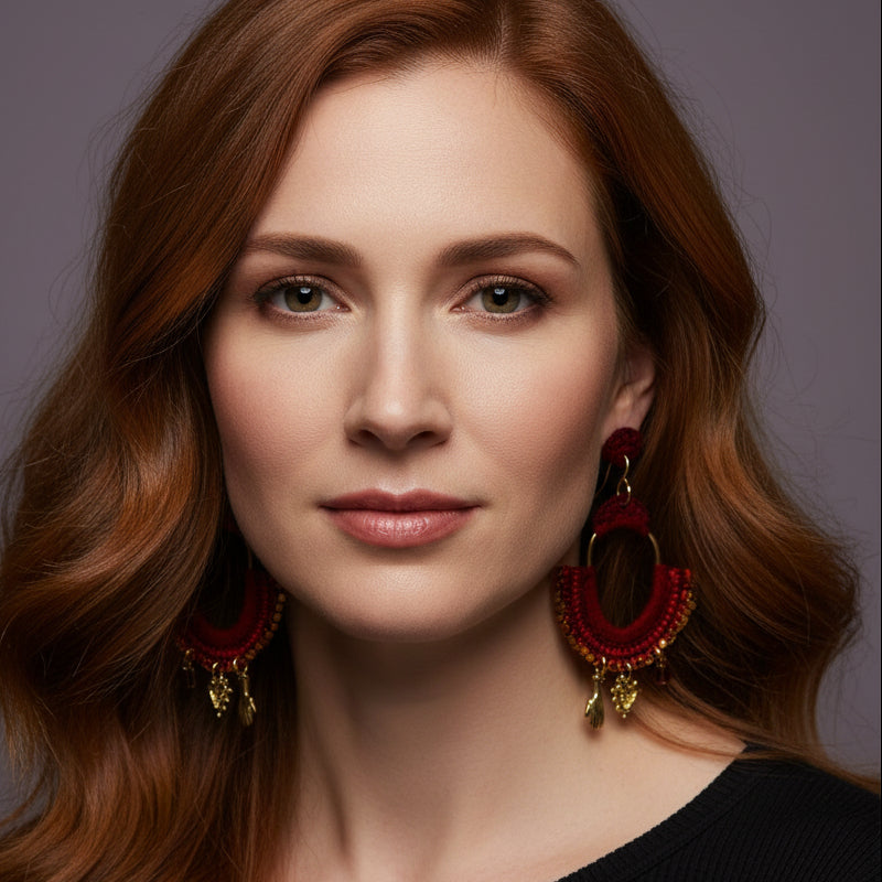 The Crimson Arch Earrings — Tourmaline, Hematite & Brass Hand