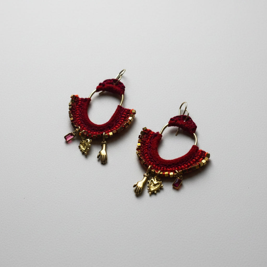 The Crimson Arch Earrings — Tourmaline, Hematite & Brass Hand