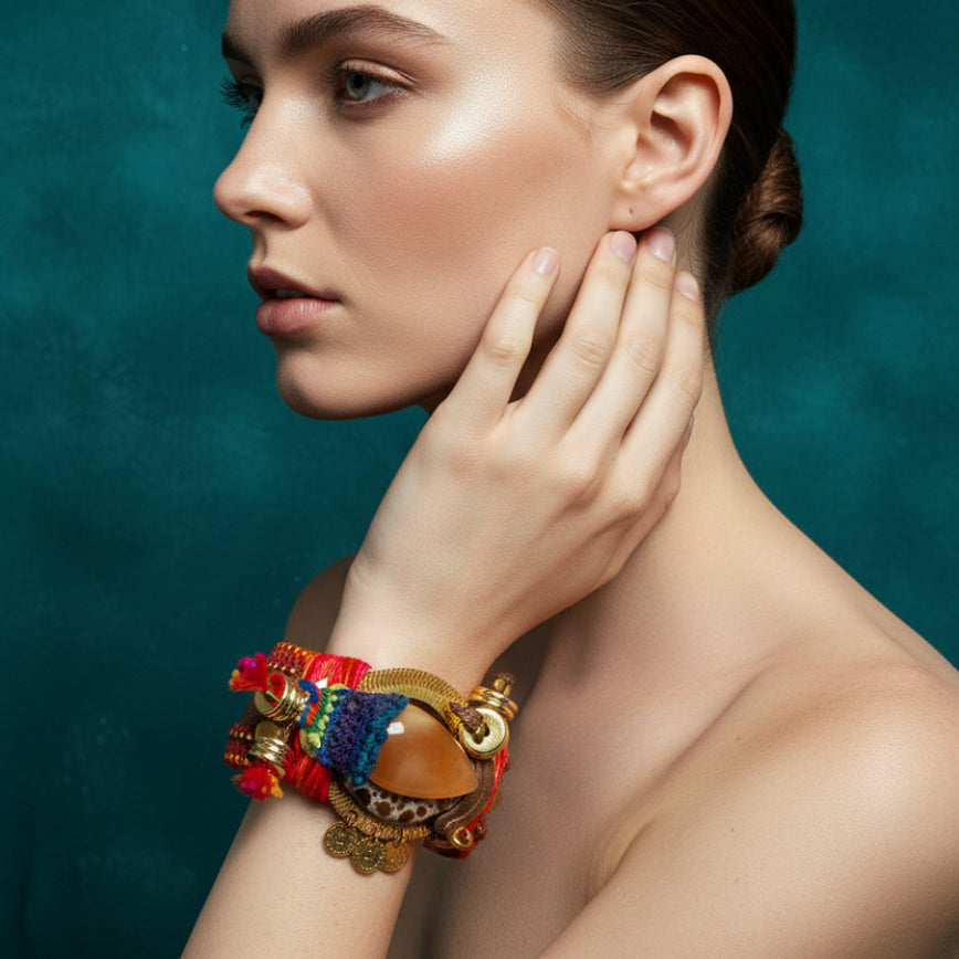 Colorful bracelet with beads and leather on a turquoise background