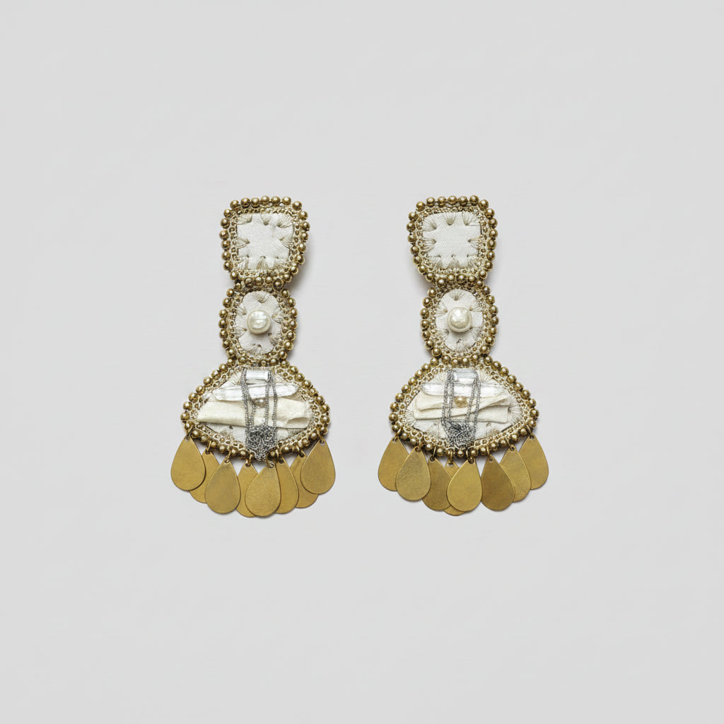 The White Sovereign Earrings — Pearl, Crystal & Brass Teardrops