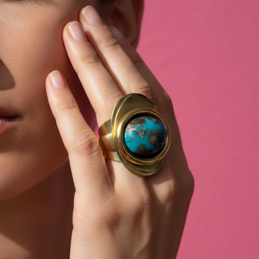 Gold ring with a blue stone on a hand with purple nail polish.