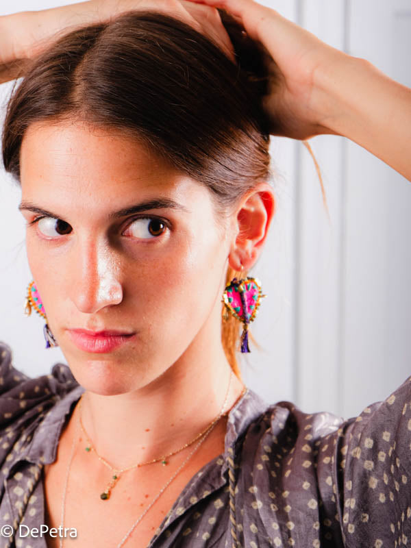 Symbiotic Radiance: Heart Earrings with Neon Opal and Hand Motif