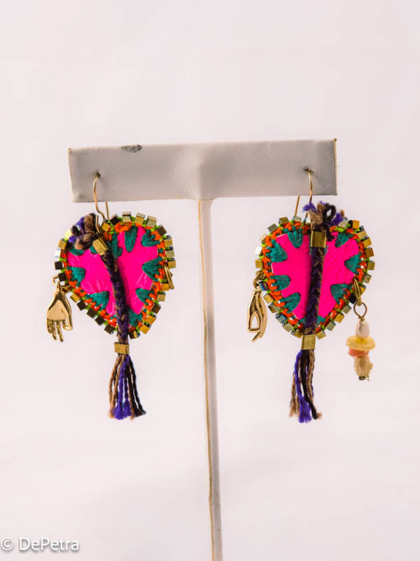 Symbiotic Radiance: Heart Earrings with Neon Opal and Hand Motif