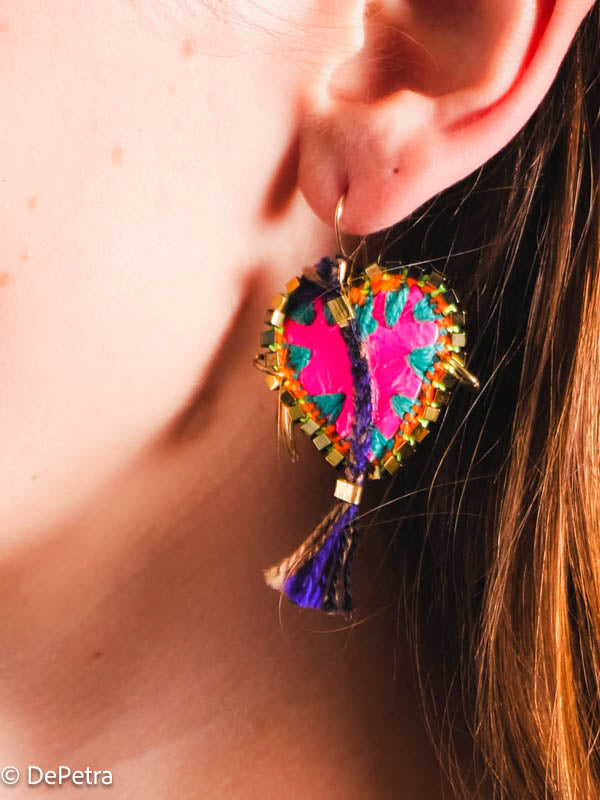 Symbiotic Radiance: Heart Earrings with Neon Opal and Hand Motif