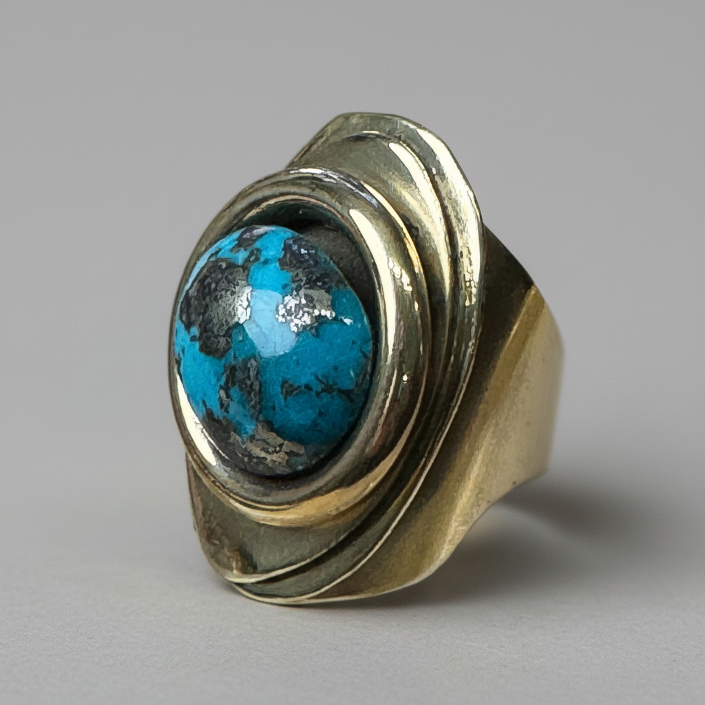 Ring with turquoise stone and gold band on a white background