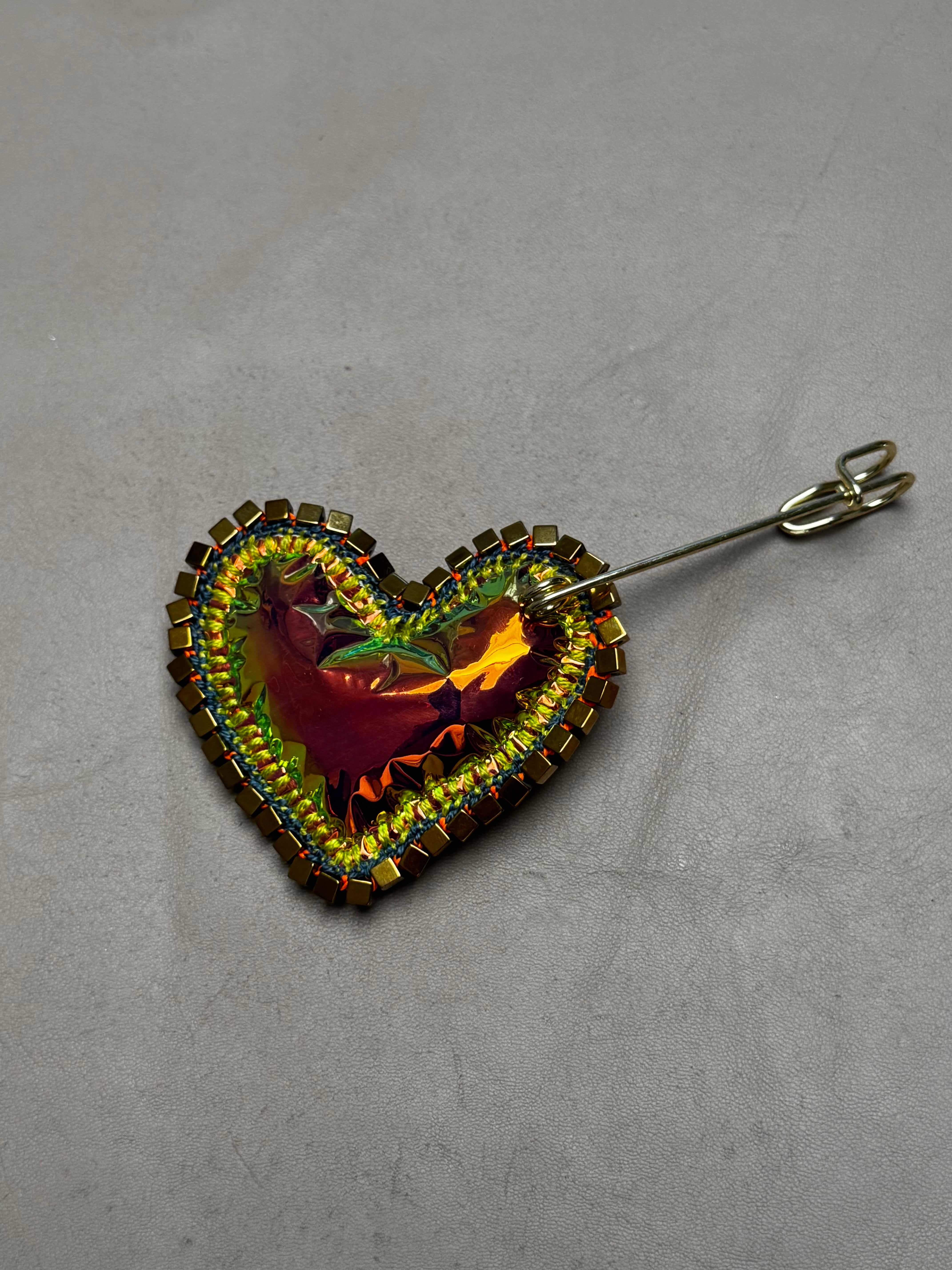 Heart Pin — Hematite Leather & Citrine Quartz  7 variants Handmade by Lorena Medinilla