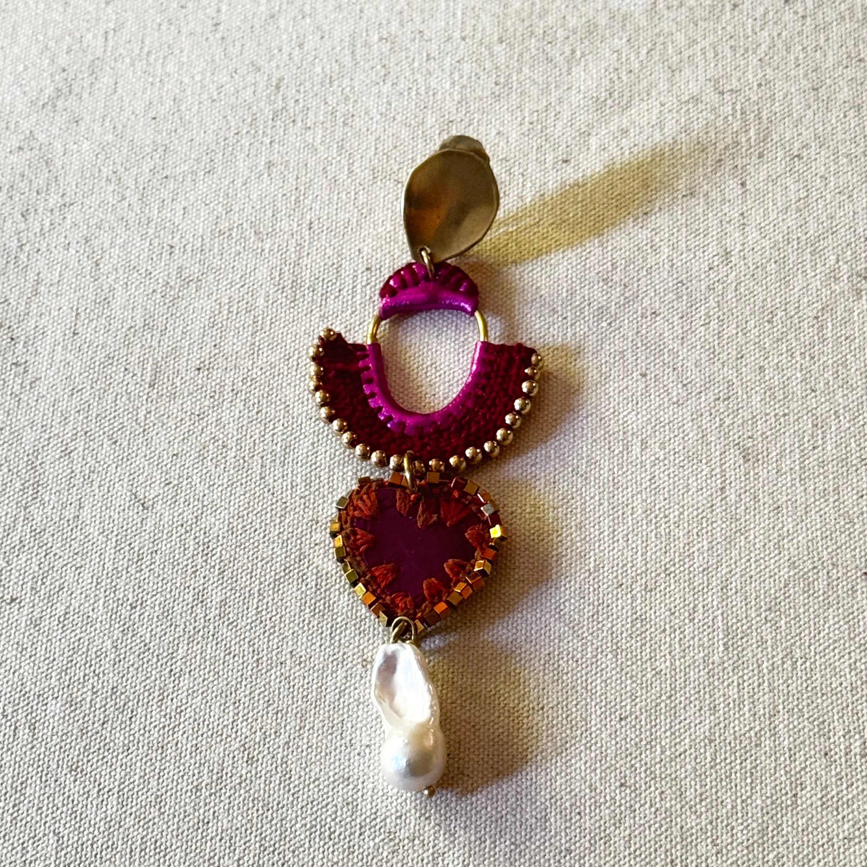 The Magenta Arch Earrings — Leather, Crochet & Baroque Pearl