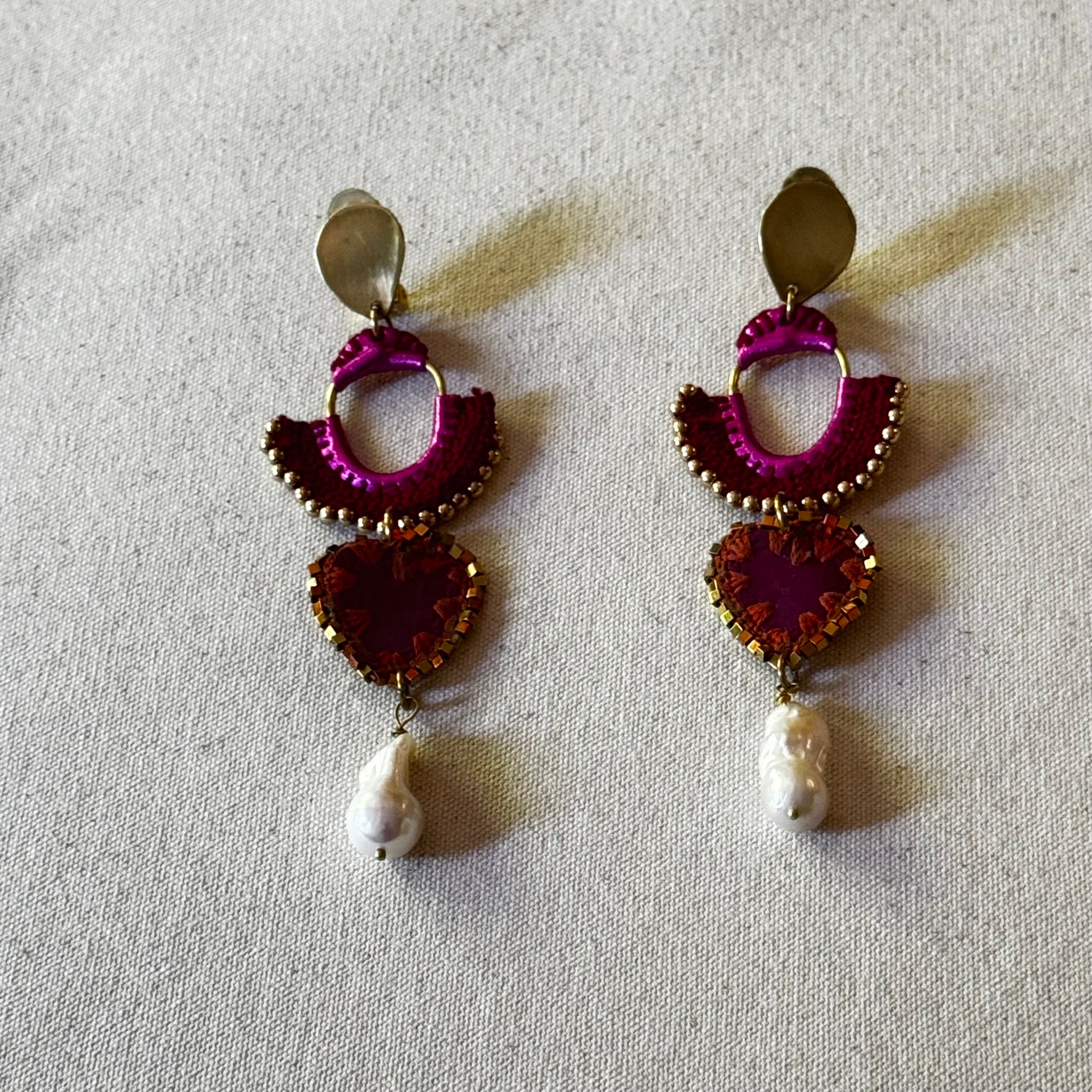 The Magenta Arch Earrings — Leather, Crochet & Baroque Pearl