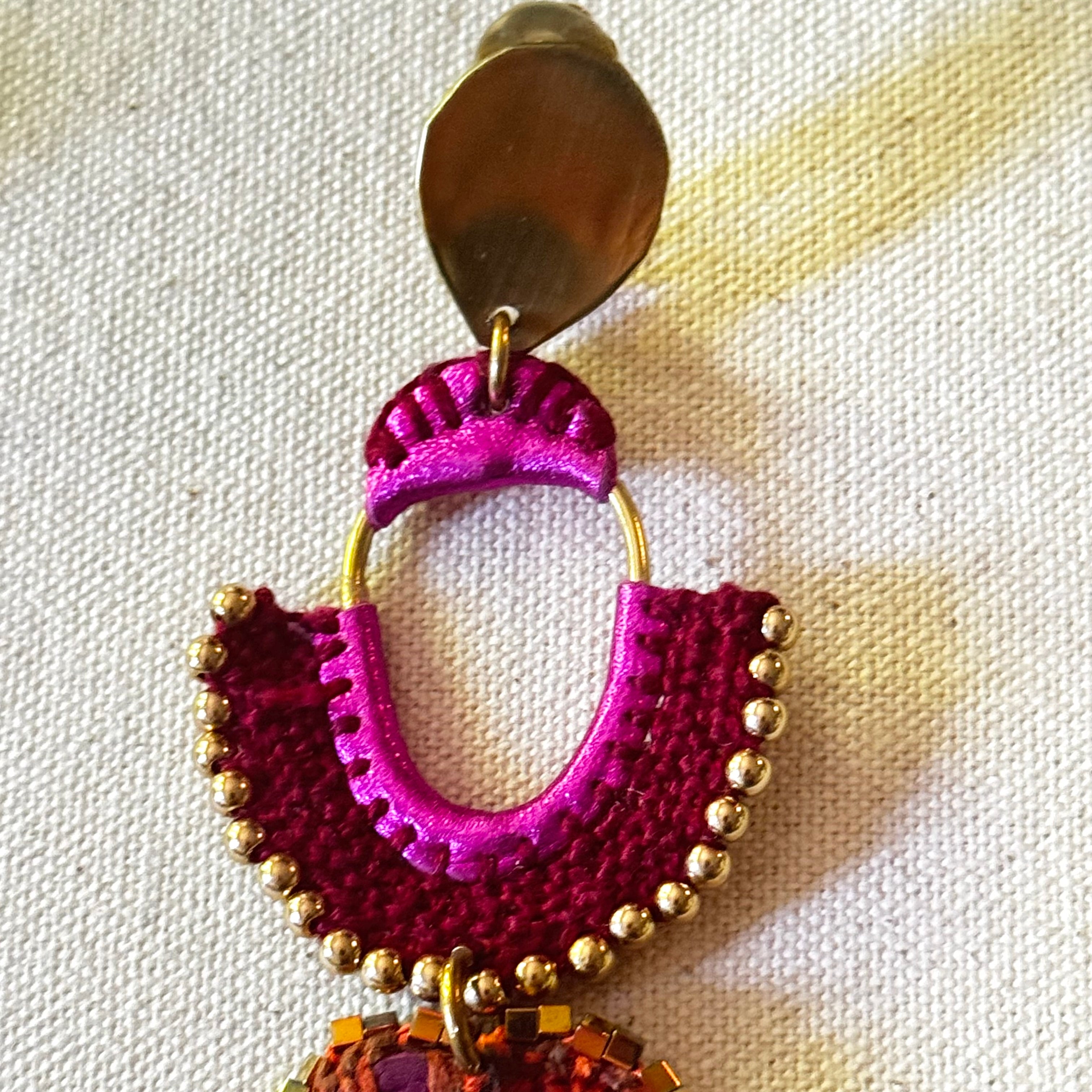 The Magenta Arch Earrings — Leather, Crochet & Baroque Pearl