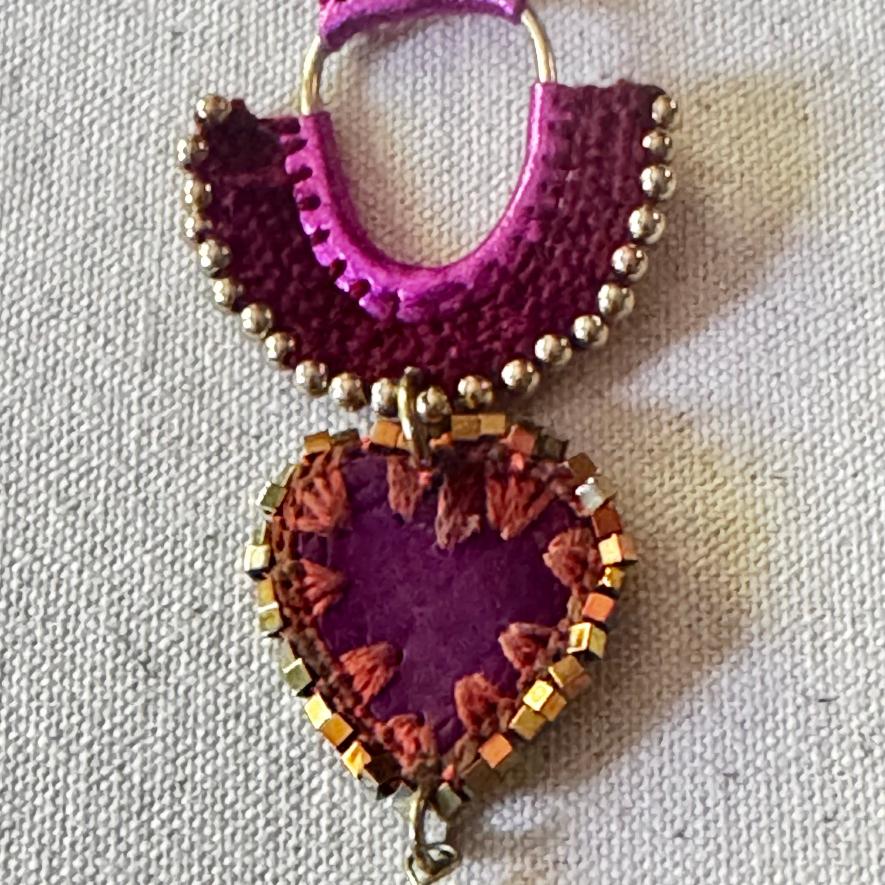 The Magenta Arch Earrings — Leather, Crochet & Baroque Pearl