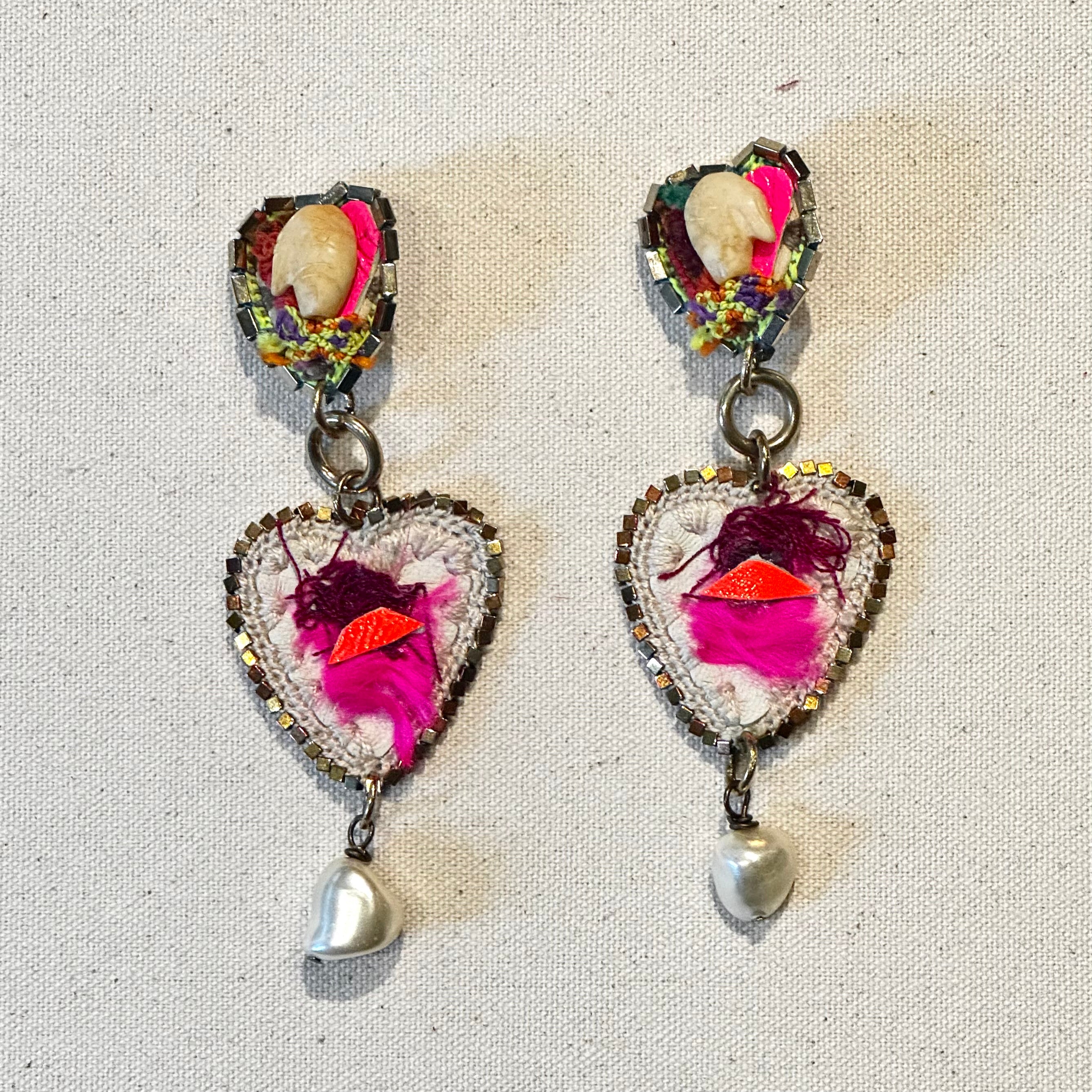 The Wild Heart Earrings — Shell, Neon Leather, Feather & Pearl Drop