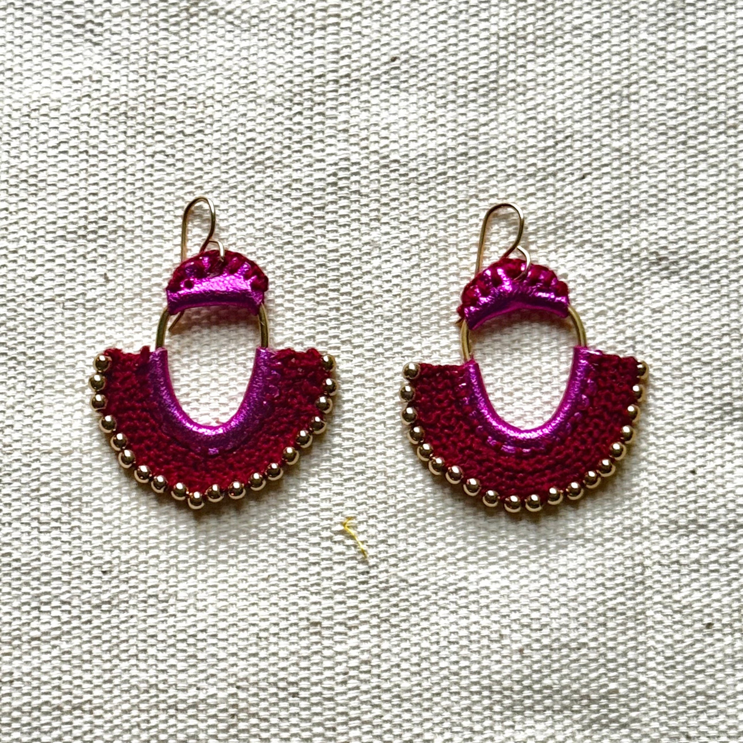 The Fuchsia Crown Earrings — Italian Leather, Crochet & Gold Beads