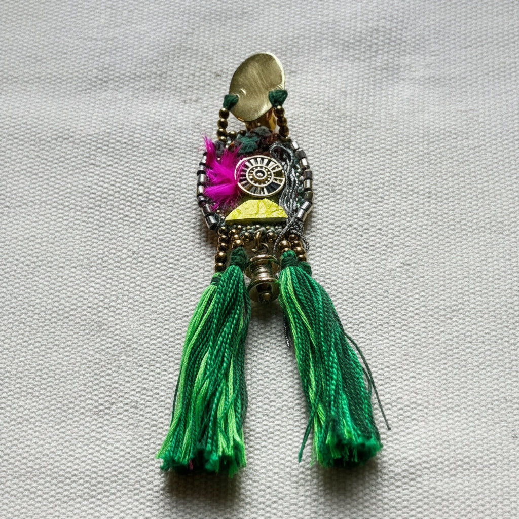 The Emerald Compass Earrings — Tassel, Feather & Mixed Media