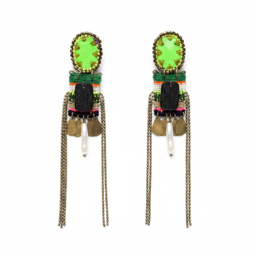 Neon Green Druzy & Baroque Pearl Chain Earrings — Handmade by Lorena Medinilla | De Petra