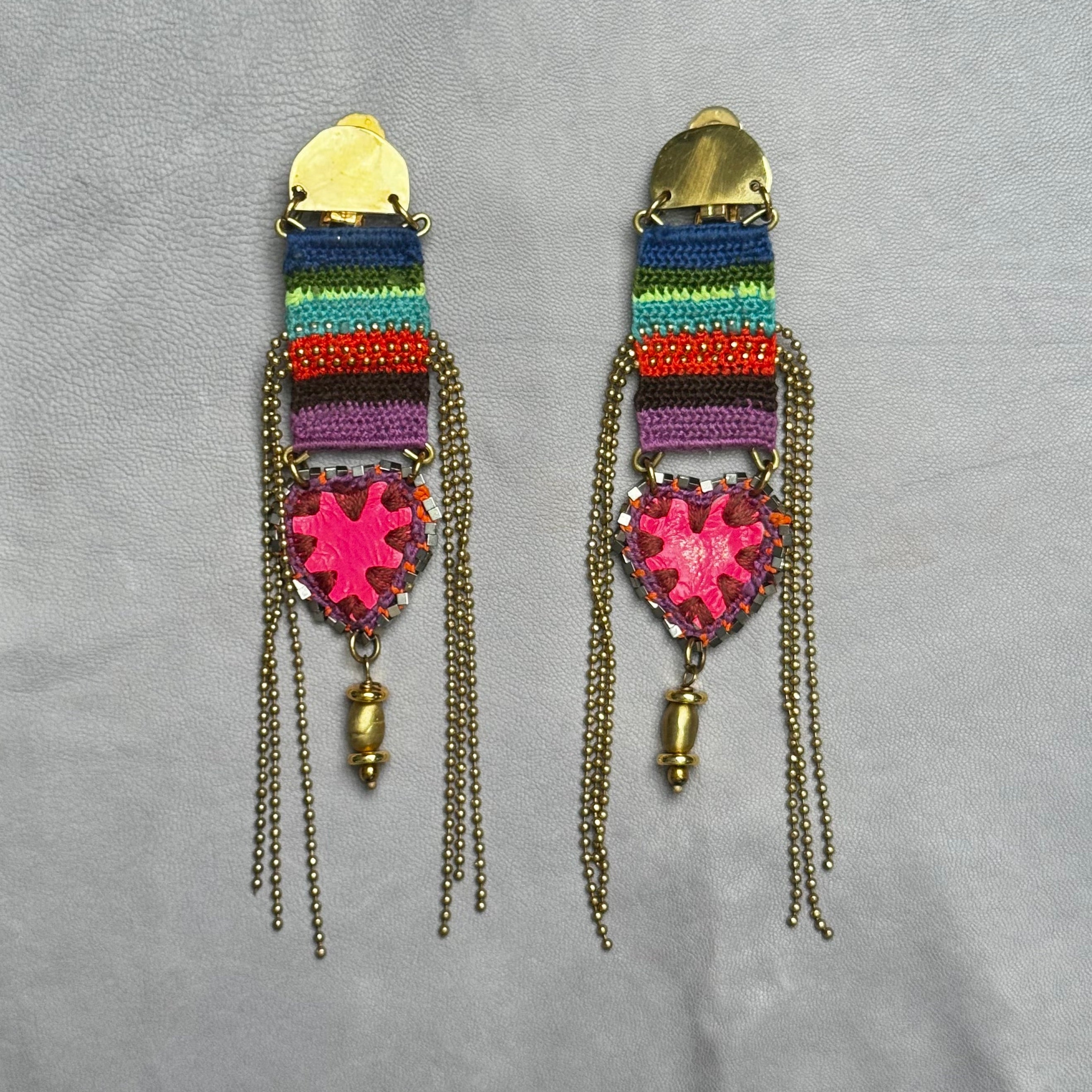 The Rainbow Cascade Earrings — Striped Crochet, Fuchsia Heart & Brass Chains