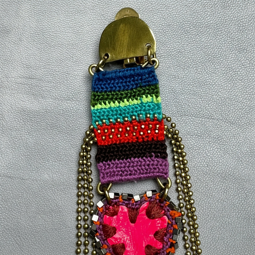 The Rainbow Cascade Earrings — Striped Crochet, Fuchsia Heart & Brass Chains