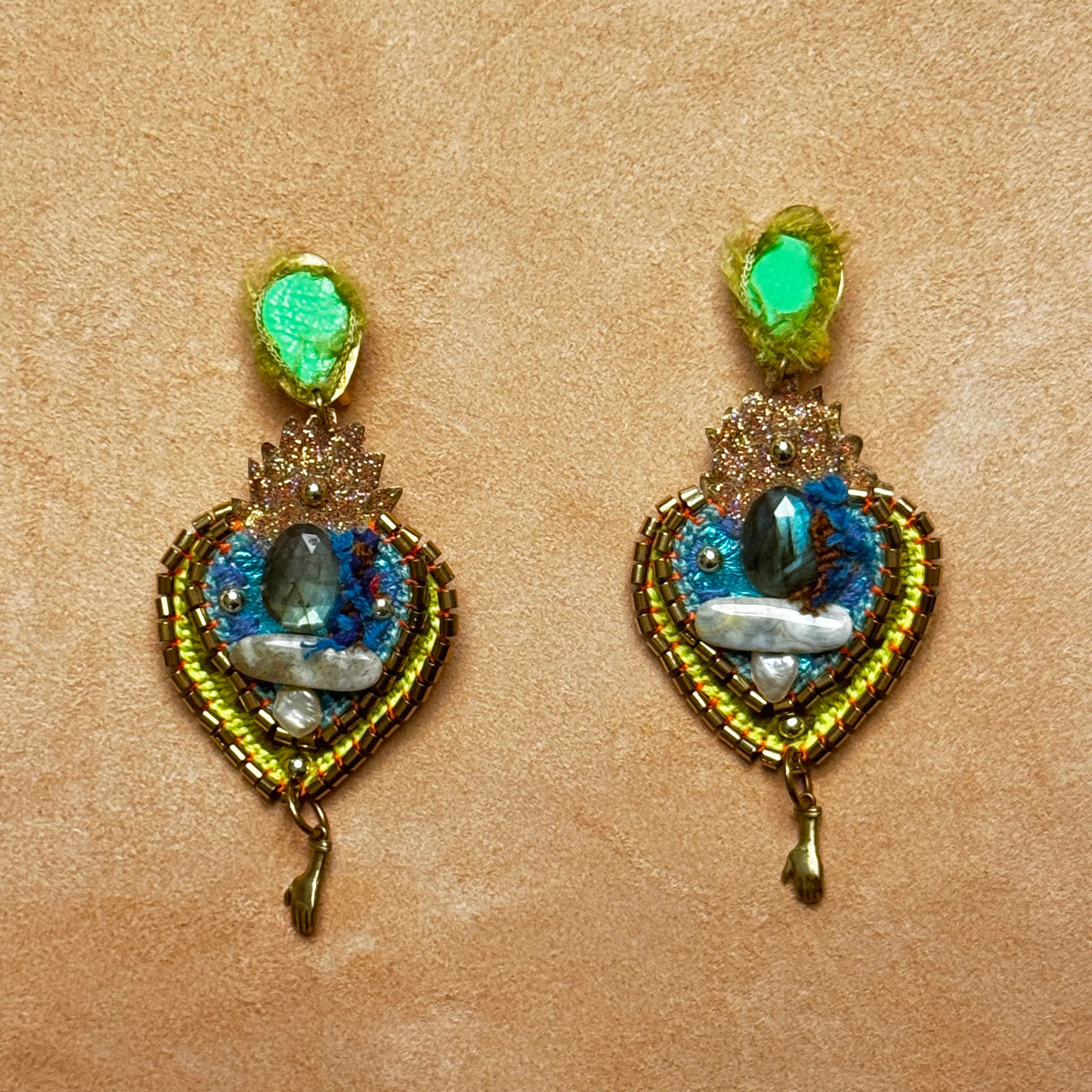 The Sacred Flame Earrings — Labradorite, Ocean Jasper, Pearl & Neon Leather