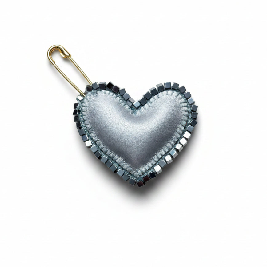 Heart Pin — Hematite Leather & Citrine Quartz  7 variants Handmade by Lorena Medinilla