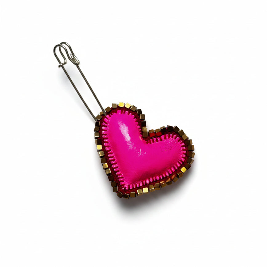 Heart Pin — Hematite Leather & Citrine Quartz  7 variants Handmade by Lorena Medinilla